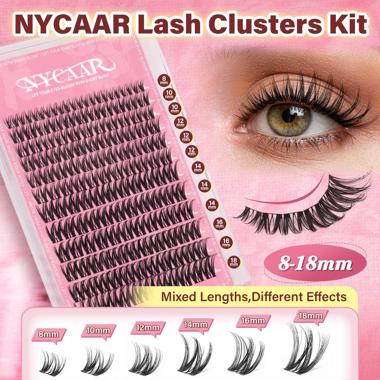 NYCAAR Flaunt Manga Lash Clusters Kit Wispy Flora Lash Extension Kit with 132pcs Eyelash Clusters in D Curl 8-18mm, Ultra-Thin Band, Includes Bond and Seal, Remover & Applicators for DIY at Home