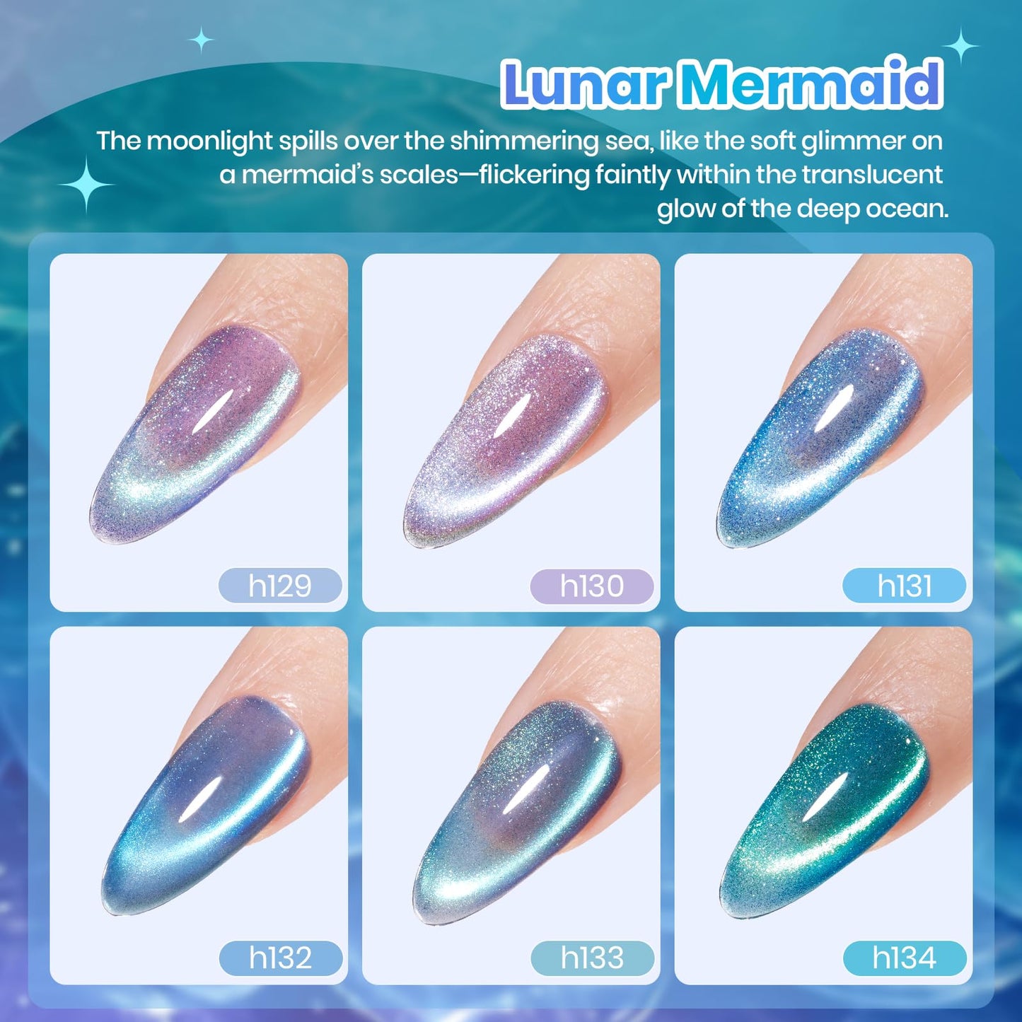 Beetles Cat Eye Gel Nail Polish Set - Lunar Mermaid 6 Colors Summer Gel Nail Polish Kit Glitter Blue Purple Navy Blue Teal Colors Magnetic Shine Soak Off UV Salon DIY Manicure Gift for Women