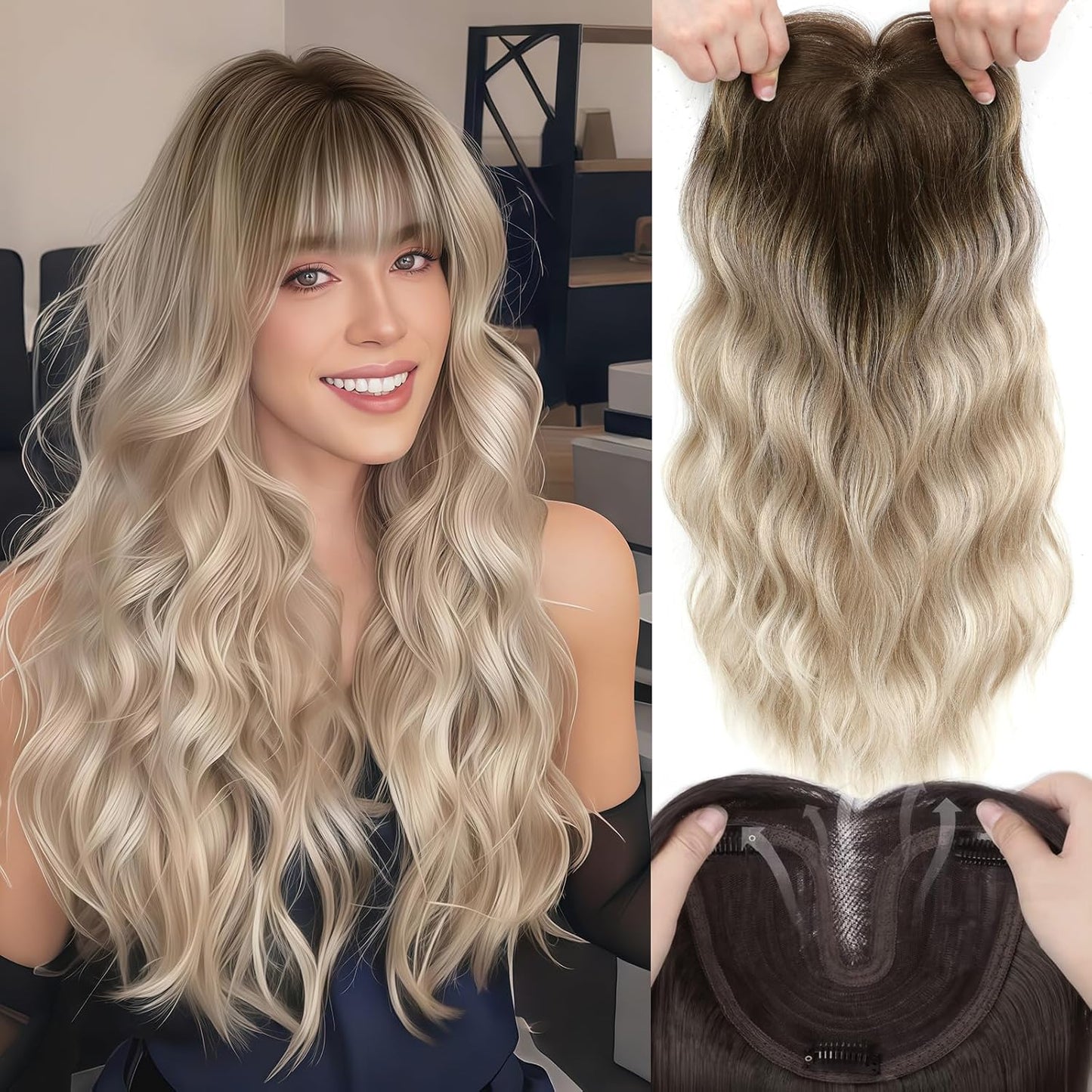 Hair Topper for Women - 16 Inch Synthetic Curly Clip-In with Curtain Bangs | Auburn Brown Lightweight Volume Piece
