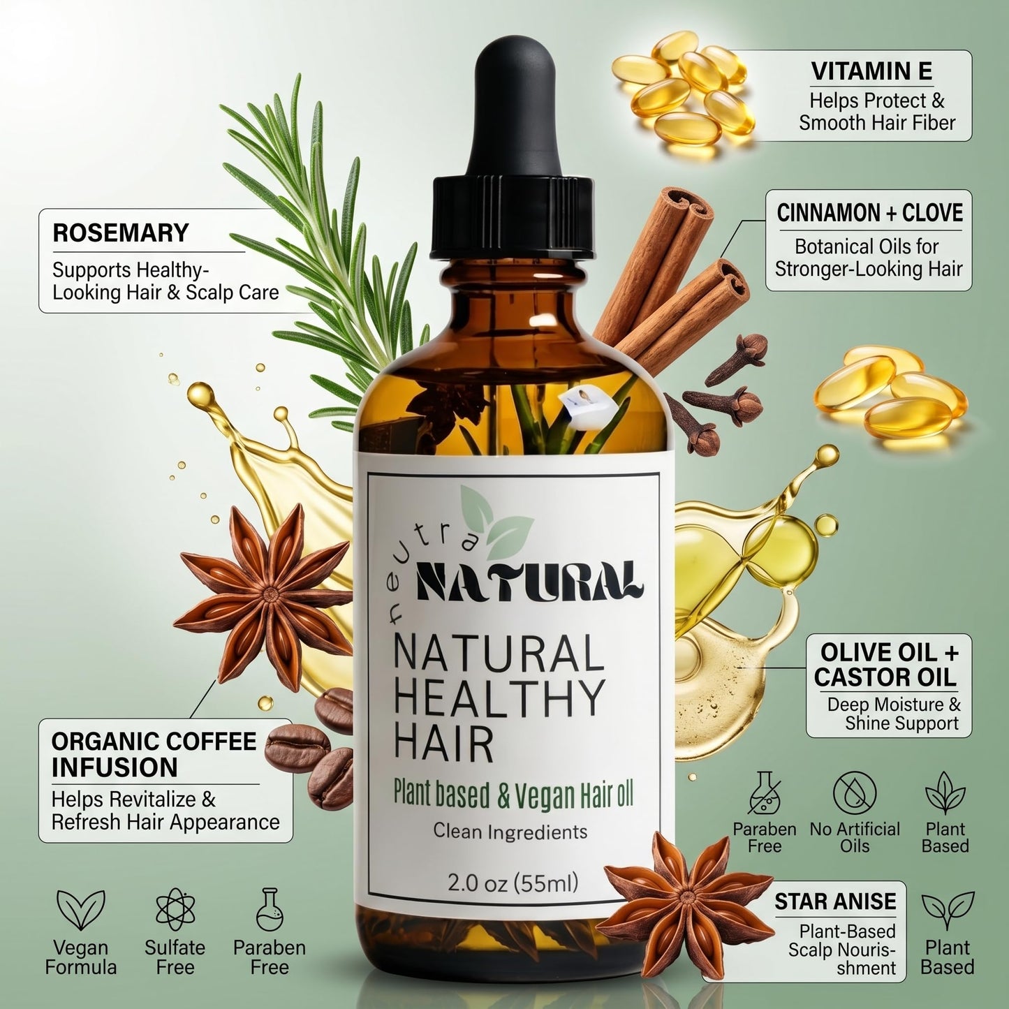 Neutra Natural - Scalp Oil, Hair serum,Botanical Blend Rosemary Hair Growth Oil with Castor Oil and Vitamin E for Thicker-Looking Hair, Plant-Based, Vegan