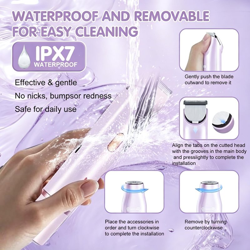 Bikini Trimmer for Women,2 in 1 Dual Head Bikini Shaver & Body Shaver,Cordless & Waterproof Electric Bikini Trimmer for Women, Painless Hair Removal with Silky Glow Finish,Purple8