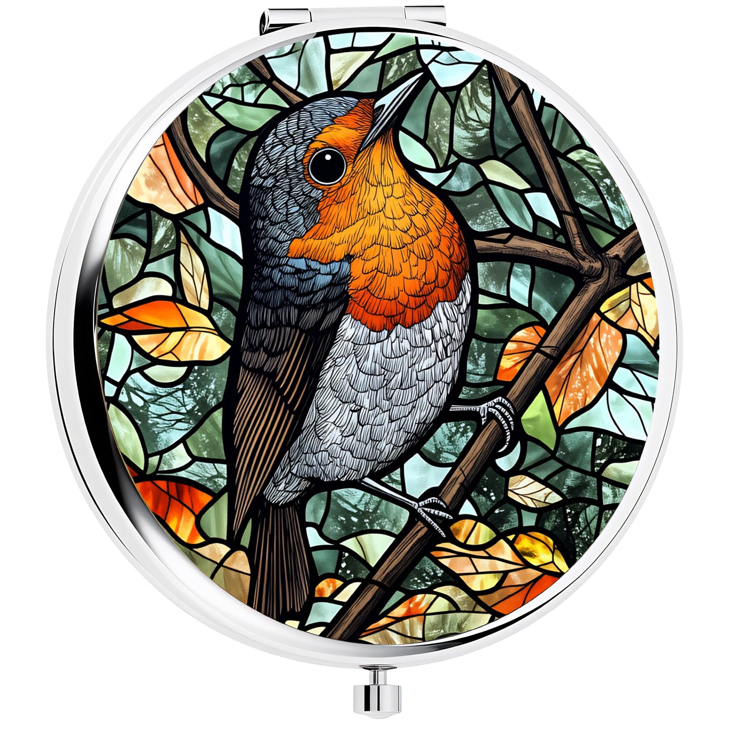 Silver Compact Mirror, 2.8x2.8inch Double-Sided Folding Makeup Mirror with Robin Bird Stained Design, Ideal Gift for Women