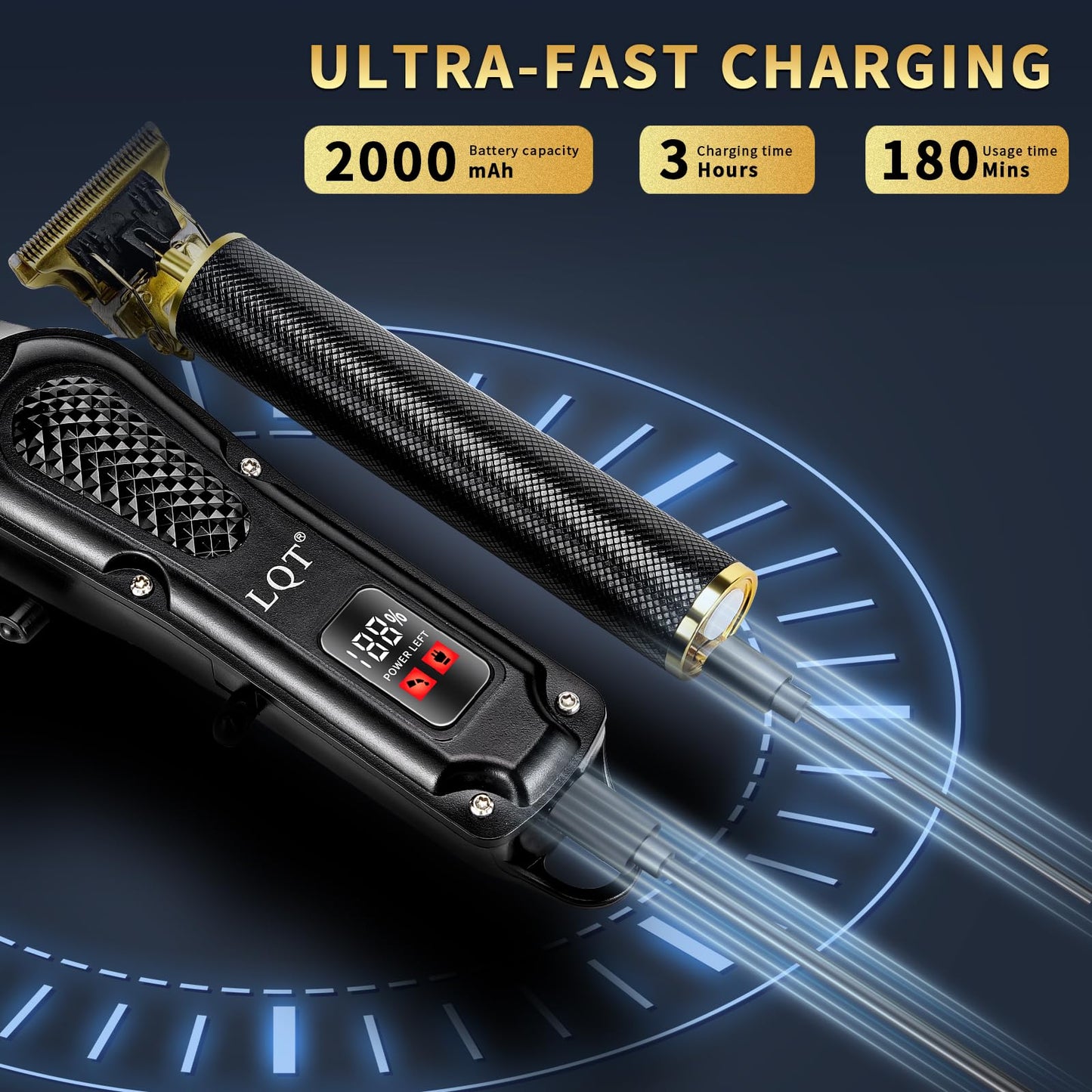 LQT® Men's Professional Hair Clippers Kit，Cordless & Corded Barber Clippers Set，Grooming Rechargeable Beard Trimmer with Adjustable Blade Black