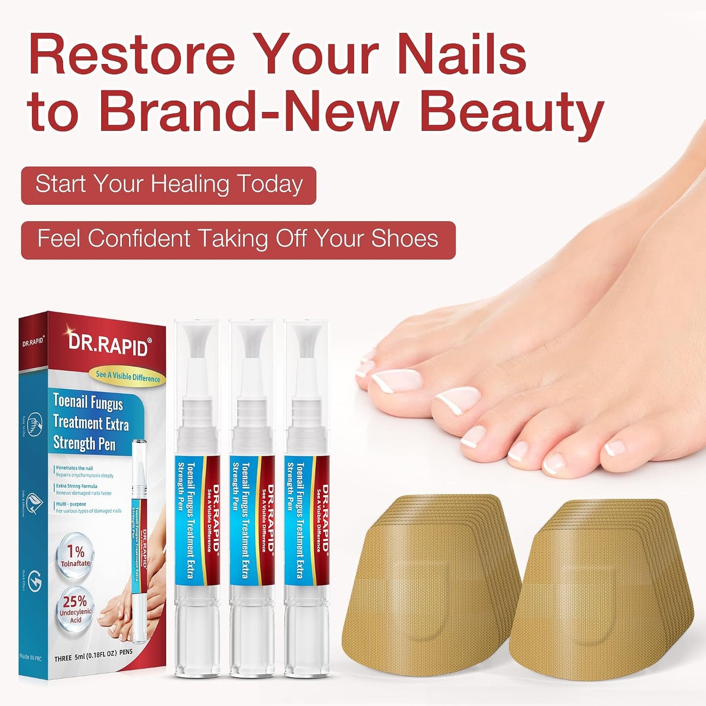 Toenail Fungus Treatment Pen & Fungal Nail Patches Set - Extra Strength Day & Night Care for Damaged Nails