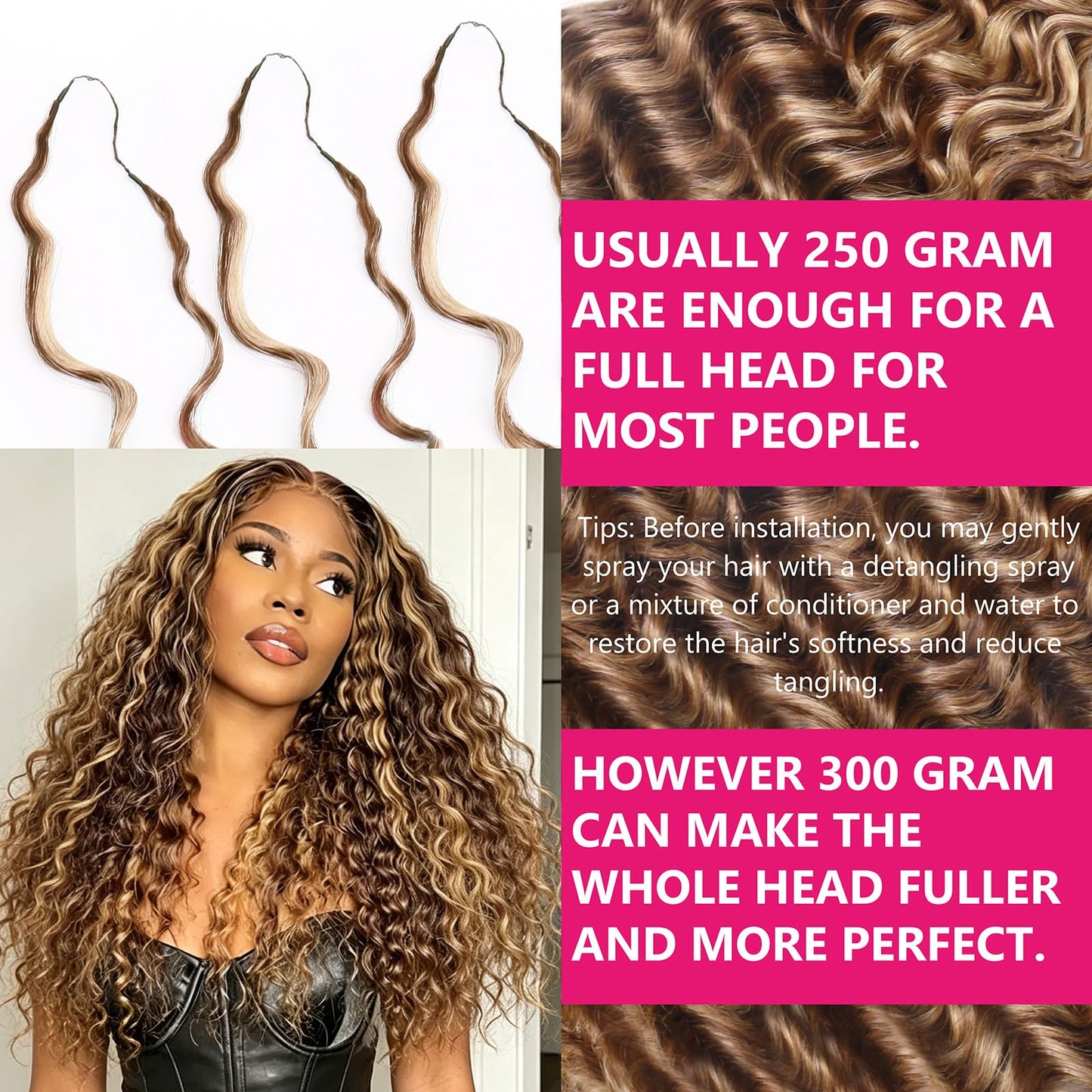 Highlight Pre-Separated Human Crochet Hair P4/27/30 Ombre Brown Blonde Deep Water Wave Curly Miracle Knots 16 Inch 60g Knotless Feather Invisible Crochet Extensions Bundles Braiding Hair for Women