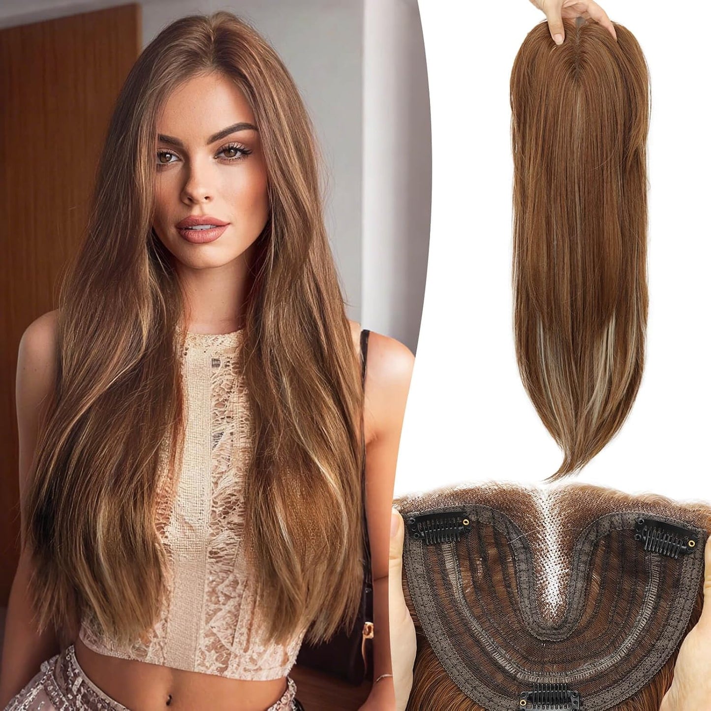 Ash Blonde Synthetic Hair Toppers with Platinum Highlights - 18" Long, 5x6" Base for Thinning Hair, Clip-In Wispy Bangs
