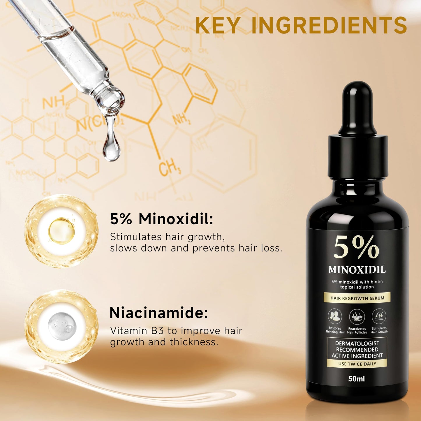 5% Minoxidil Hair Growth Biotin Serum for Men & Women, Minoxidil Hair Topical Solution for Beard Growth, Hair Loss Treatment, Biotin Hair Serum, Prevents Hair Loss and Thinning, 50ml/1.7oz