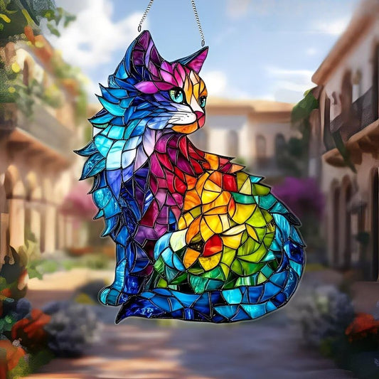 1PC Colorful Cat Acrylic Suncatcher Hanging, 7.08 inch Window Decor with Printed Stained Glass Style Design, Rainbow Maker Wall Art, Gift Idea & Garden Ornament Indoor Outdoor Use