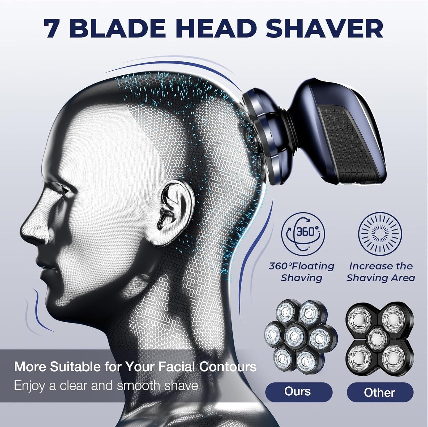 5-in-1 Electric Head Shaver for Bald Men - Waterproof Wet/Dry Grooming Kit | Rechargeable Razor in Deep Blue