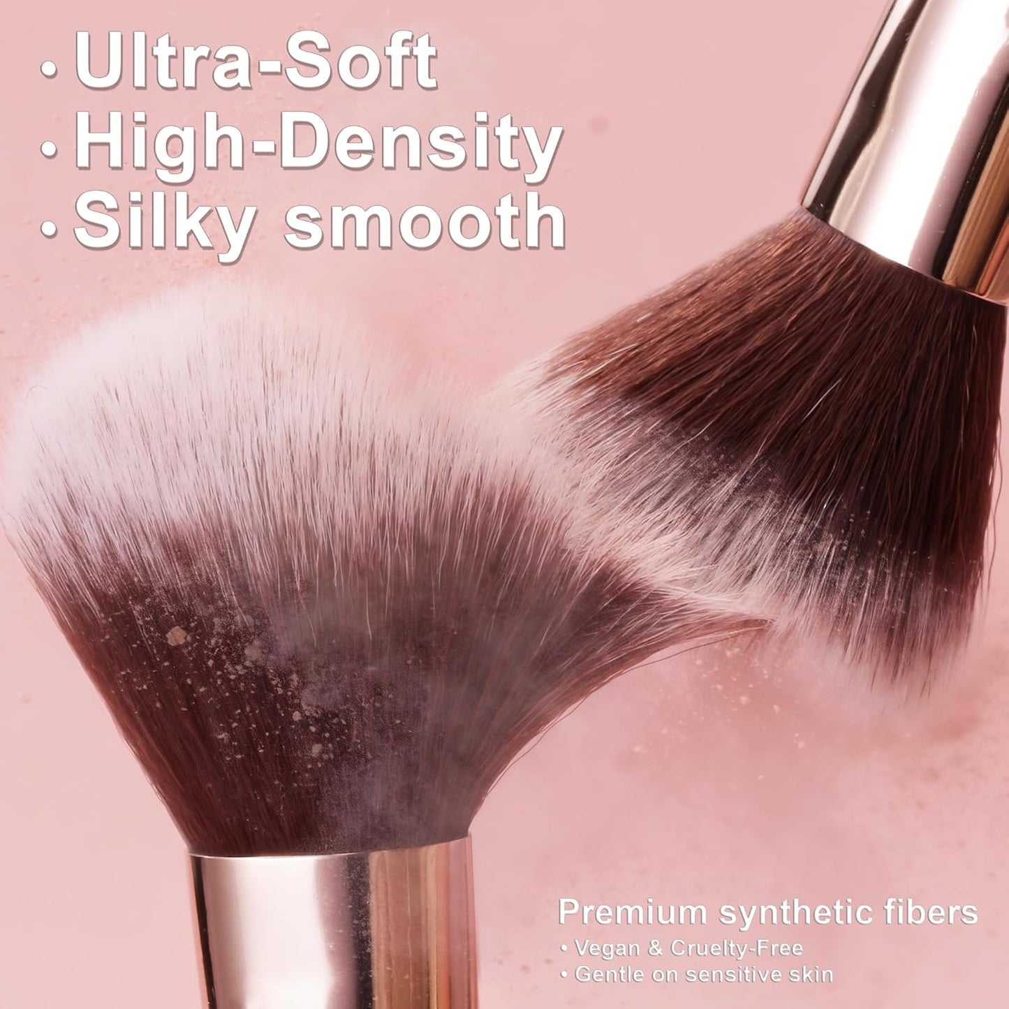 Professional Pink Makeup Brushes Set - 14 Pcs Synthetic Foundation, Concealer & Eyeshadow Brushes | Includes 2 Powder Puffs & Dual-Ended Mask Applicator