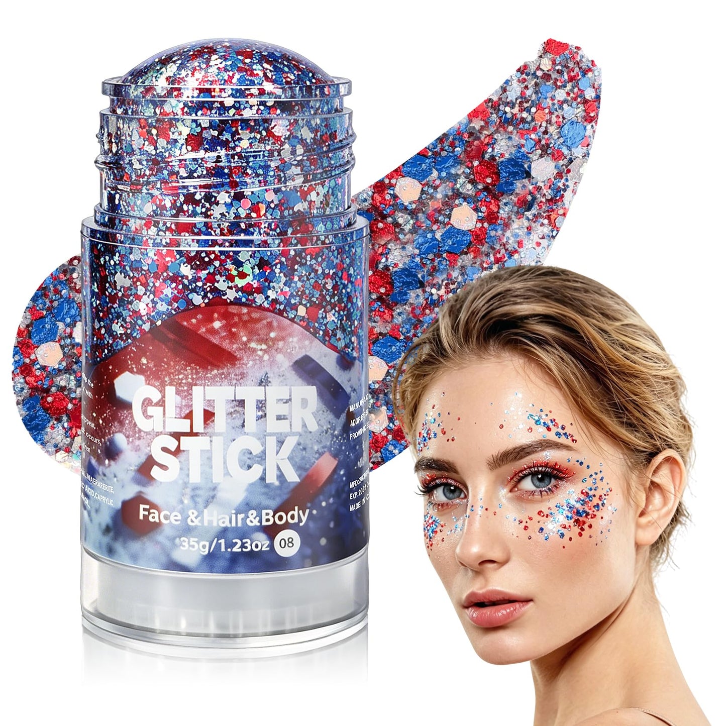 Face Hair Glitter Stick, Red White Blue Body Sparkle, Hair Shimmer Mermaid Sequins Patriotic Accessories Glitter Gel for Women Music Singer Festival Rave Party Outfit Lips Eyes Makeup #08