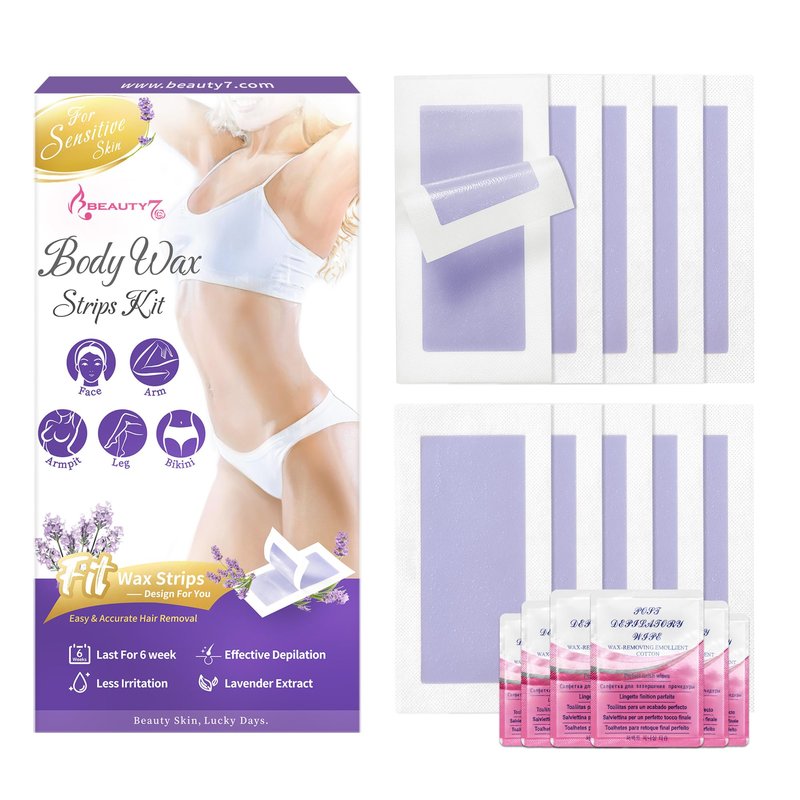 Beauty7 Women Wax Strips for Body, Ready to Use Waxing Strips, Legs Arms Chest Bikini Waxing, At Home Waxing, 20 Strip 6 Calming Oil Wipes for Sensitive Skin
