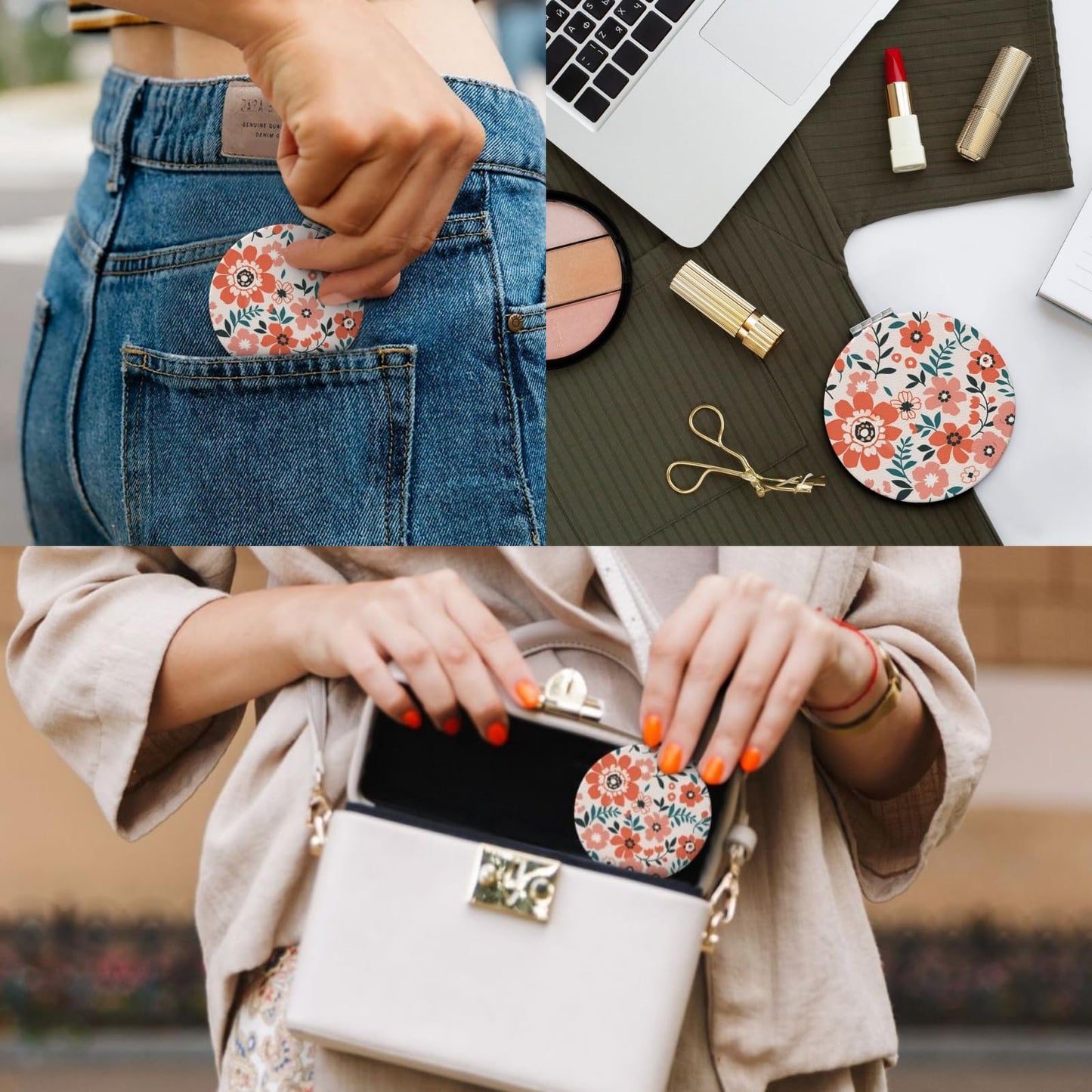 KWSAAHU Double-Sided Pocket Compact Mini Makeup Mirrors 1x, 2X Magnifying Mirror Portable Foldable Round Small Purse Mirror Suitable Daily Travel Party for Woman Man - Pink Flower