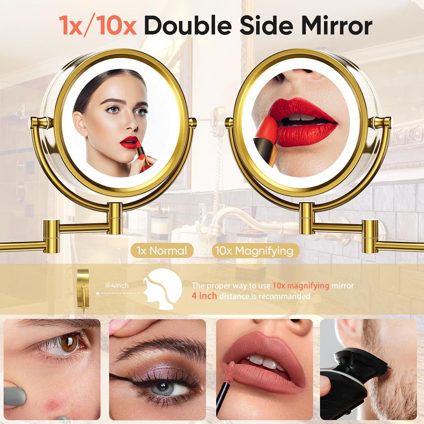 Magnifying Makeup Mirror - 8.5" Double-Sided Wall-Mounted Vanity Mirror with Dimmable LED Lights & 10X Magnification | Brushed Gold
