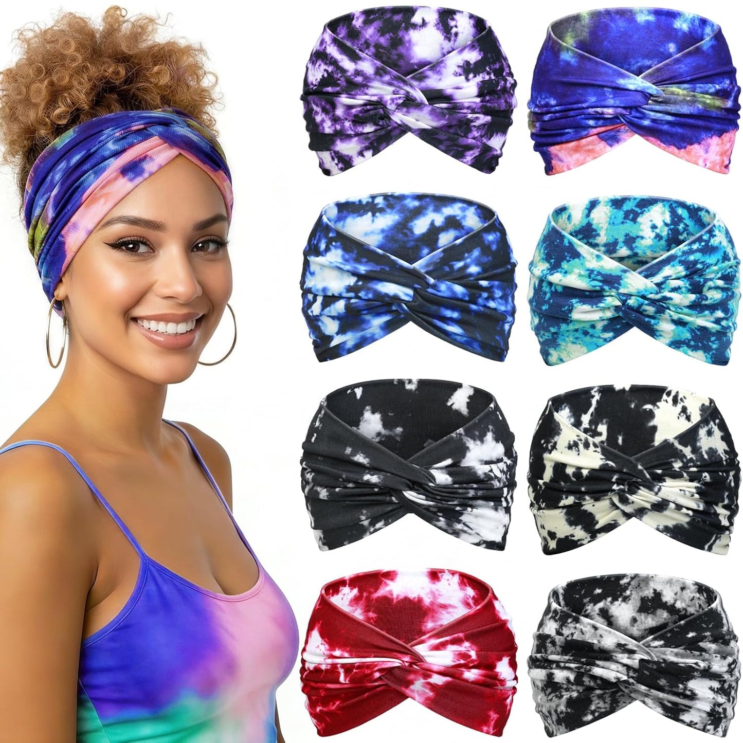 Wide Headbands for Women - 7.08 Inch Thick Boho Turban Hair Wraps | Non-Slip, Moisture-Wicking, 8 Pack Multi Colors