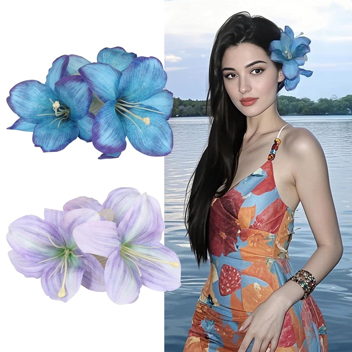 Flower Hair Clips - 6-Pack Hawaiian Tropical Silk Floral Hairpins for Women | Beach Wedding Accessories (Orange, Blue, Yellow)