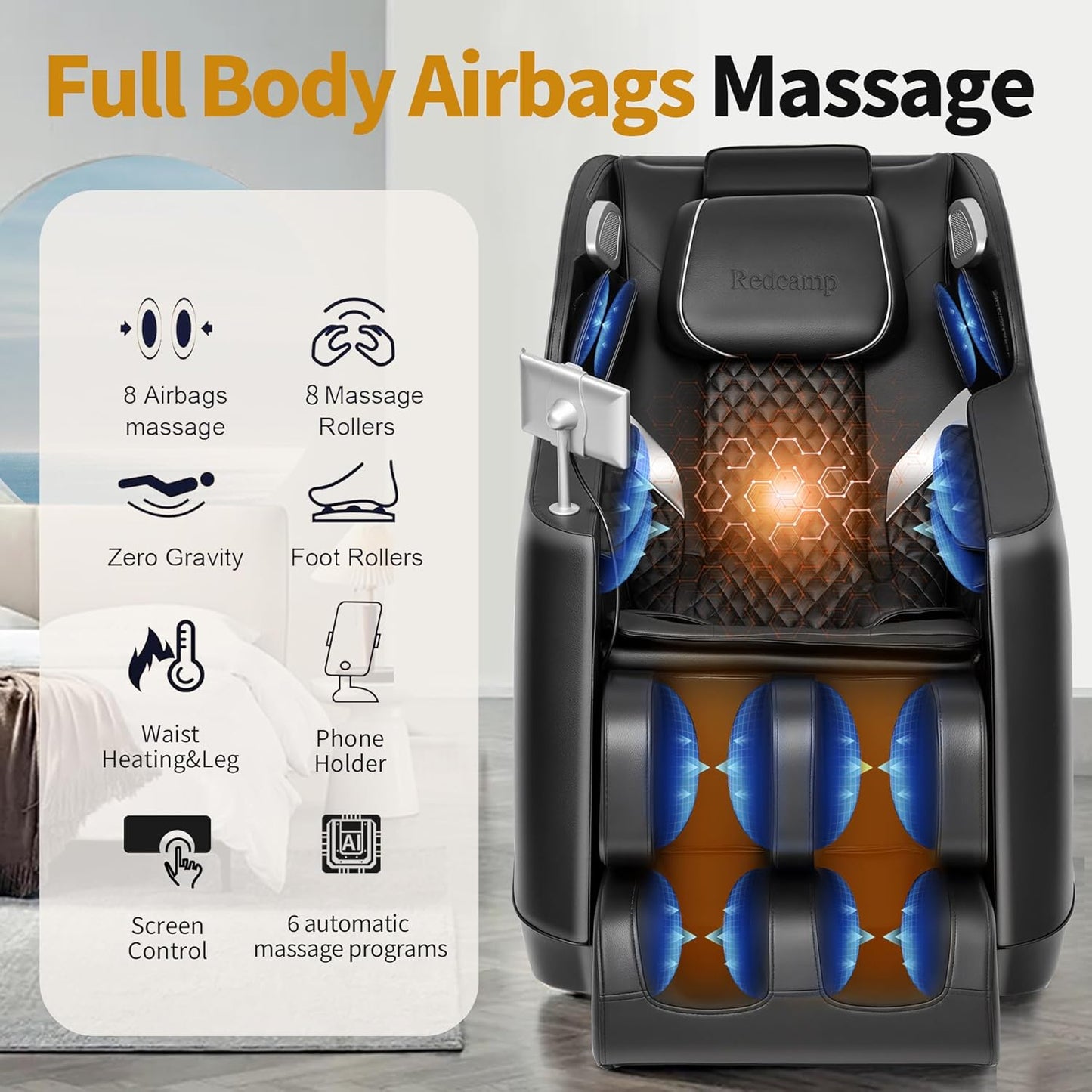 Full Body Massage Chair - Zero Gravity, 8-Point Nodes, Heating & Bluetooth | Adjustable Calf & Foot Rollers