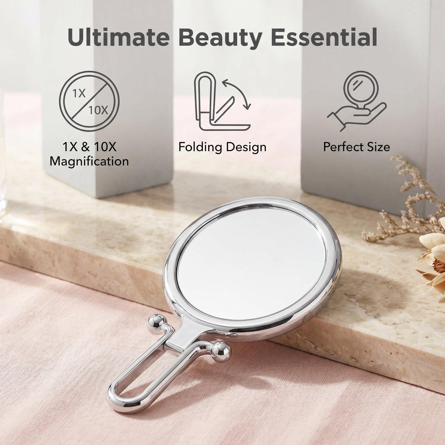 Double-Sided 10X Magnifying Handheld Mirror - Portable Folding Makeup Mirror for Travel Bathroom Vanity - 6.1 Inch Round Compact Mirror with 1X Normal View for Women