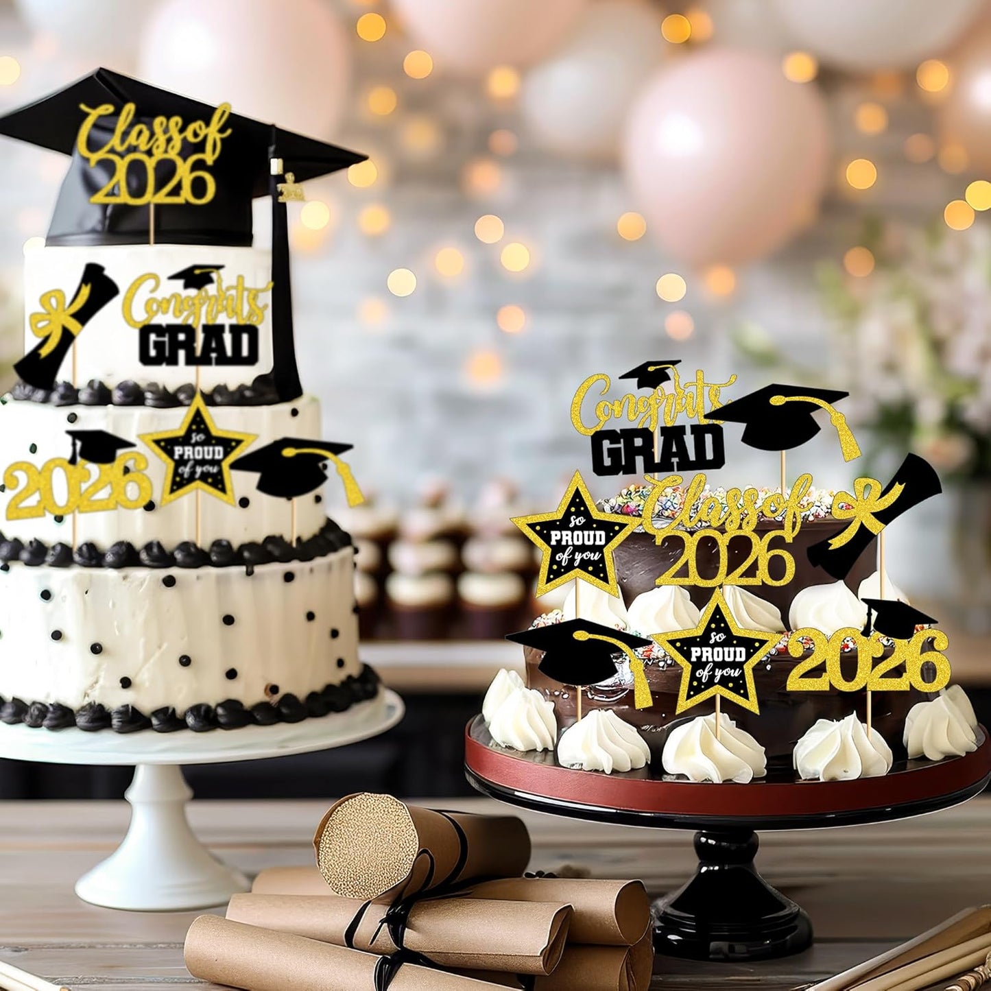 Graduation Cupcake Toppers - 48 PCS Black & Gold Congrats Grad Decorations | Glittery Cap & Diploma Picks for 2026 Party