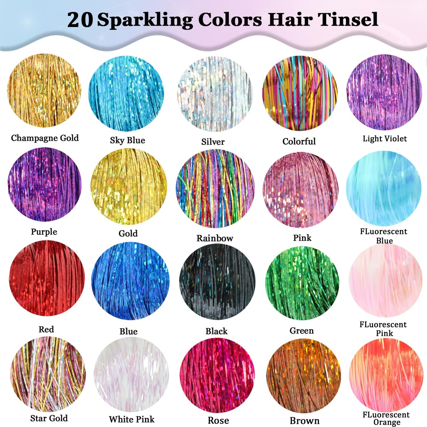 AIAIZHQH Hair Tinsel Kit (20 Colors, 8800 Strands, 48 Inches) Sparking Tinsel Hair Extensions Kit with Tools, Heat Resistant Highlights Glitter Hair Extensions Fairy Hair Accessories for Girls Women
