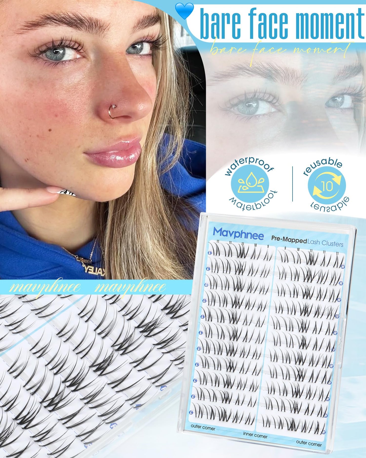 Wet Lash Clusters 9-10-11MM Wispy Cluster Eyelash Extensions Realistic Look Cluster Lashes with CC Curl & Clear Band & Spikes Effect, for Sleek, Glossy and Mascara-Like Finish