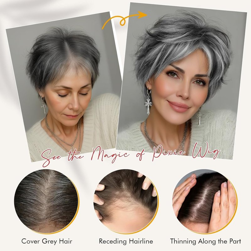 Pixie Cut Wig - Short Gray Synthetic Wig with Bangs | Heat Resistant, Natural Look for Daily Wear