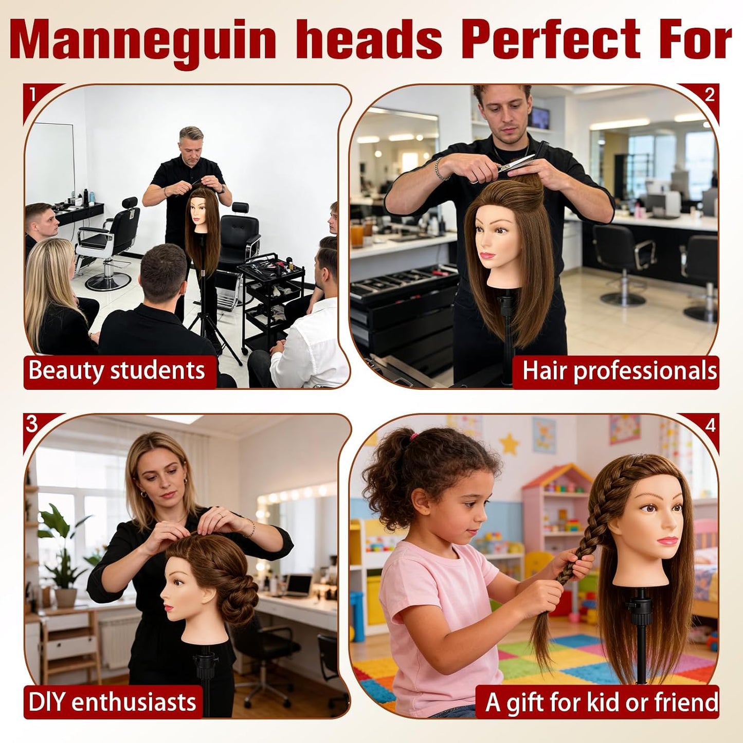 Realistic Human Hair Mannequin Head - 22” Dark Brown Cosmetology Training Doll with Clamp & Styling Tools