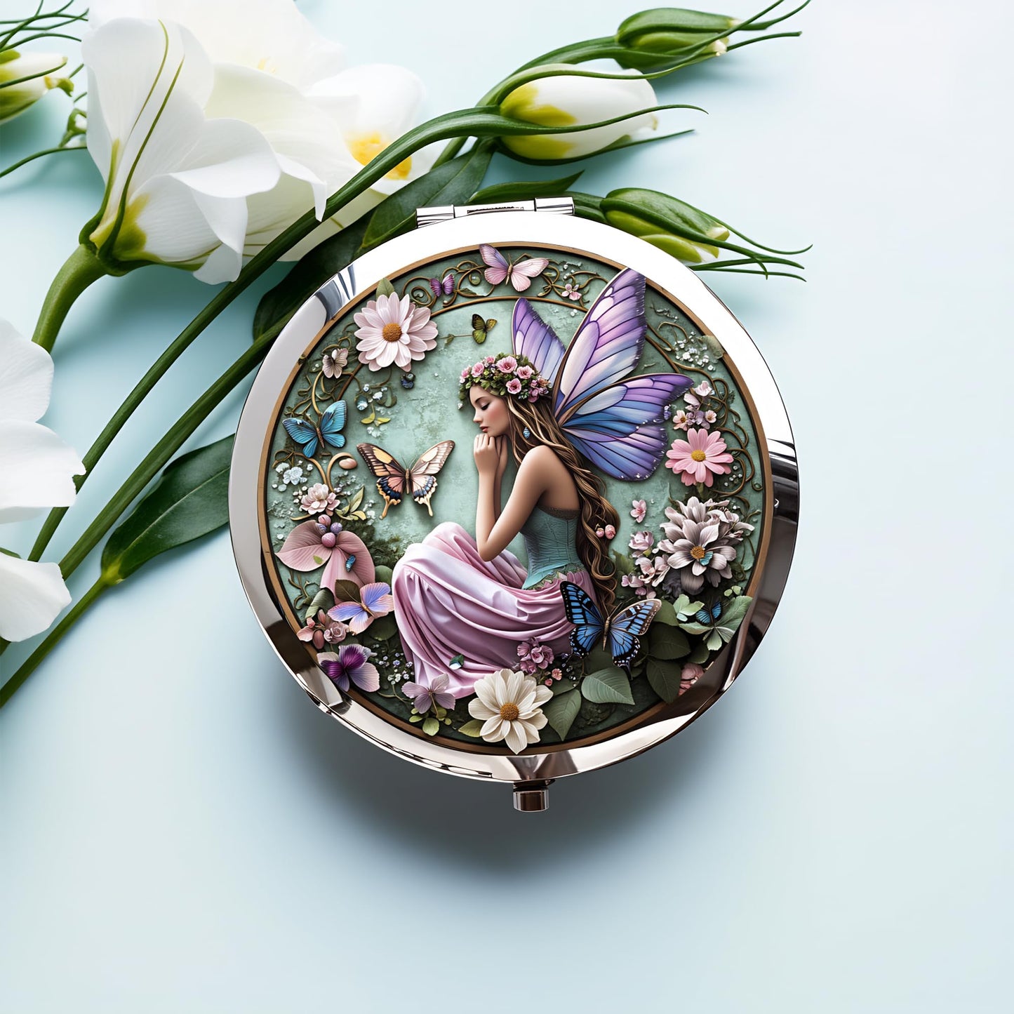 Silver Compact Mirror, 2.8x2.8inch Double-Sided Folding Makeup Mirror with Flower Fairy with Wings Design, Ideal Gift for Women