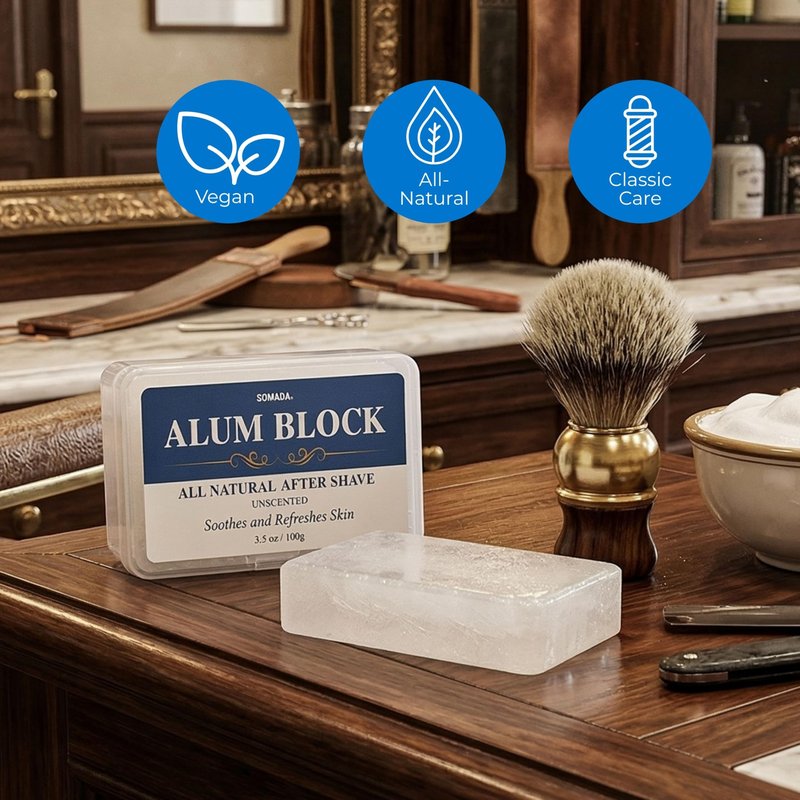 SOMADA Alum Block for Men – 3.5Oz/100g Natural Aftershave Stone, Potassium Alum Post-Shave Treatment, Soothes Razor Burn & Nicks, Astringent Skin Toner, Includes Travel Case. Styptic Natural Deodorant