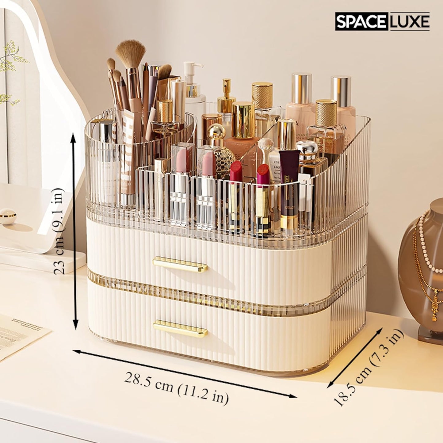 Makeup Organizer - 360° Rotating Brush Holder & Large Capacity Storage | Cream White, 3-Layer Design for Vanity & Accessories