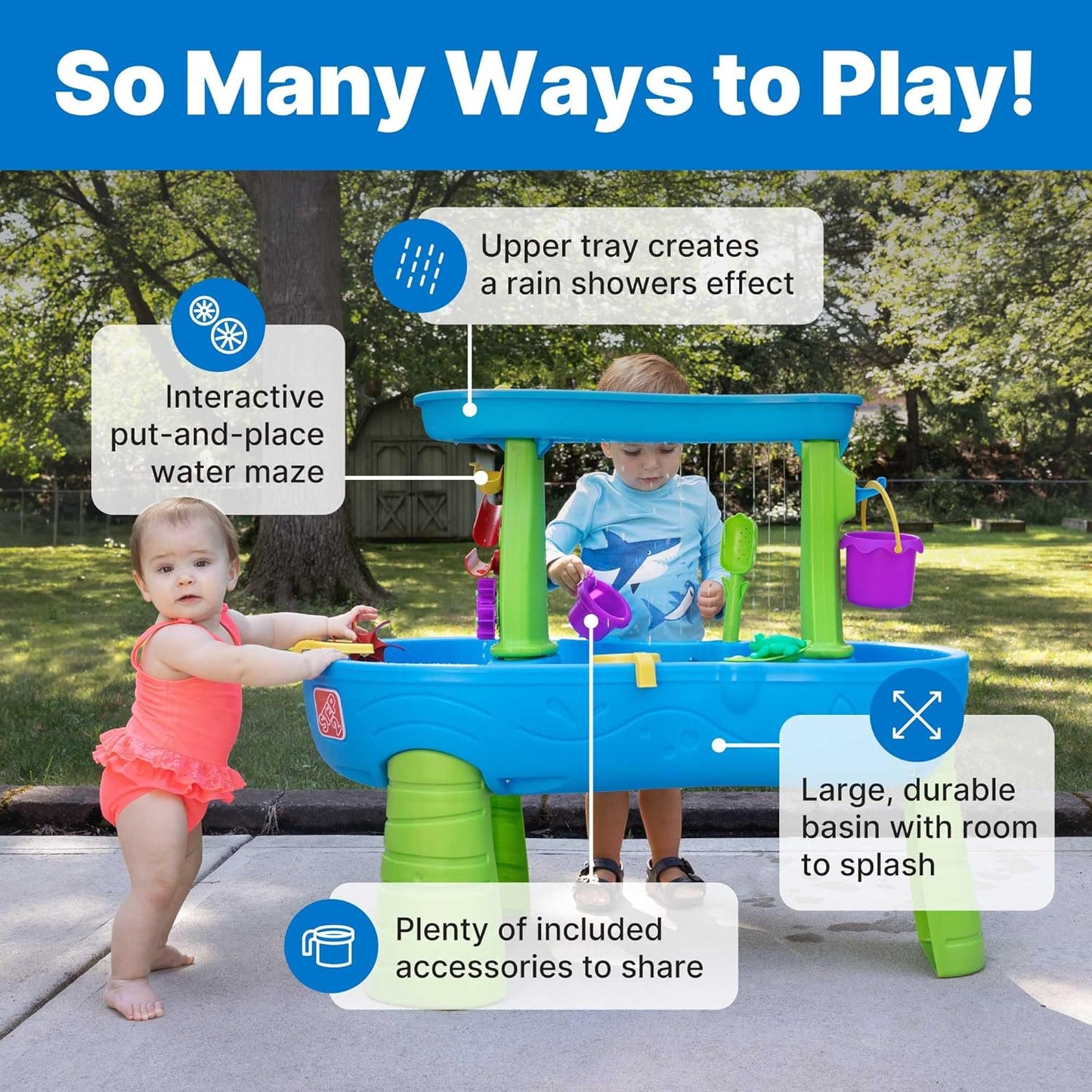 Step2 Rain Showers Splash Pond Water Table | Kids Sensory Playset with 13 Accessories for Outdoor Fun, Blue & Green, Ages 1.5+