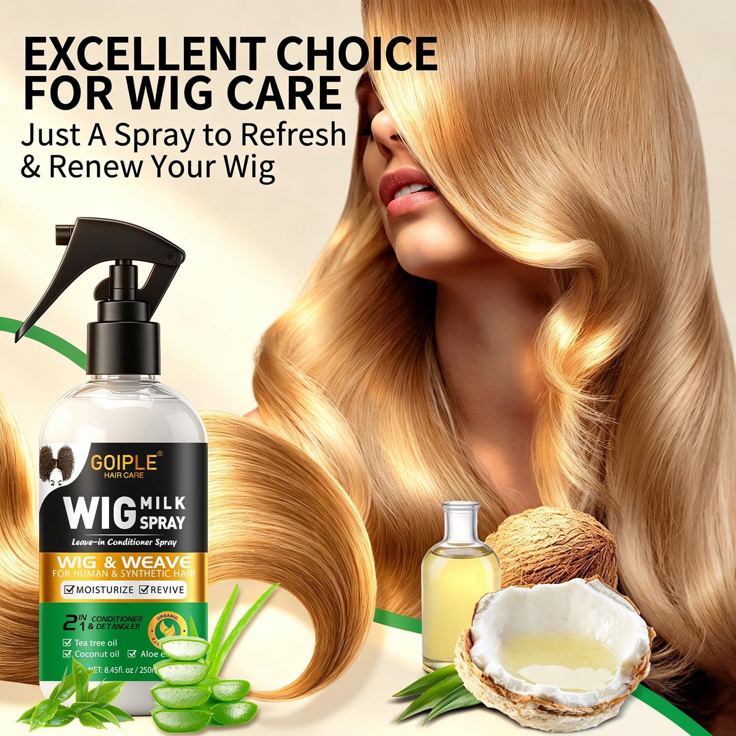 Wig Milk Spray for Synthetic Hair, Leave-In Conditioner Wig Detangler Spray for Human Wigs, Conditioner ＆ Detangler 2 in 1 Moisturizer, Hydrates & Replenishes Synthetic Hair Wigs Easy Combing 250ML