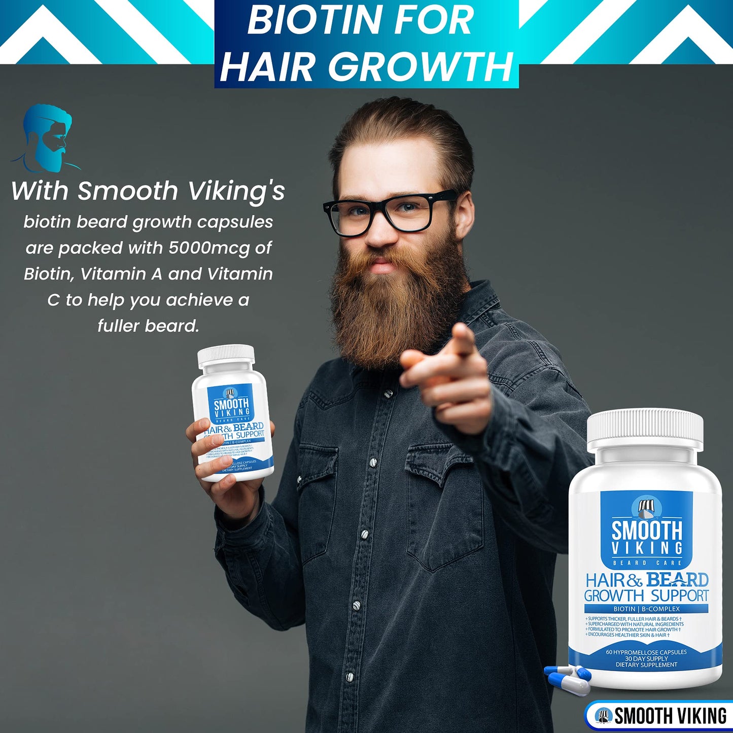 Beard Growth Supplement - Hair Growth Vitamins for Men (60 Capsules) - 5000 MCG Biotin & DHT Blocker for Hair Loss Treatment - Beard Pills for Thicker, Stronger Hair