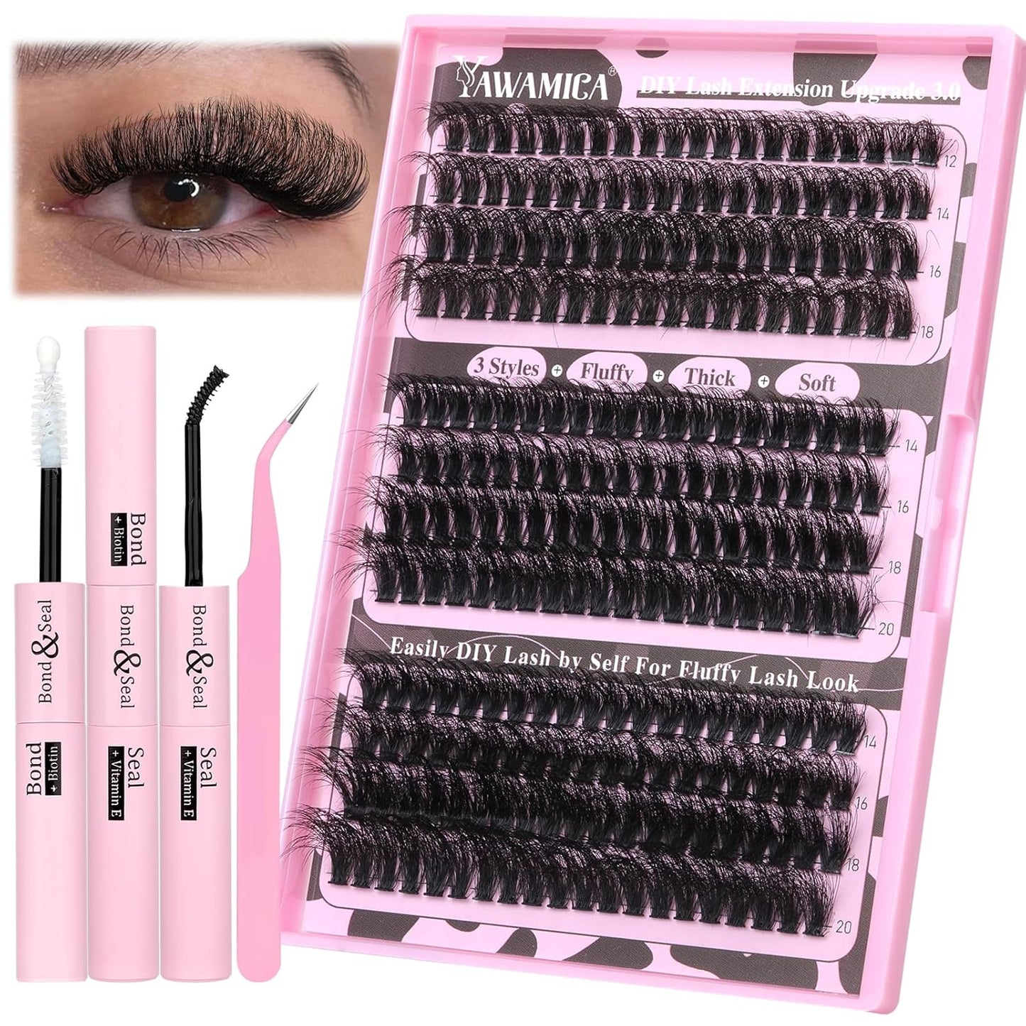 Eyelash Extension Kit - Fluffier Thick Volume 14-20mm D Curly Mink Lash Clusters | 240pcs DIY Individual Lashes with Bond, Seal & Applicator