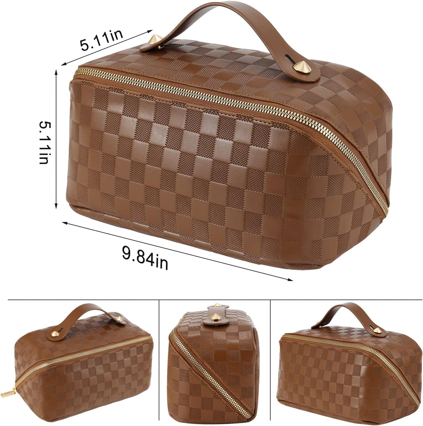 Travel Cosmetic Bag - Large Capacity Waterproof PU Leather Makeup Organizer with Dividers & Handle | Checkered Design