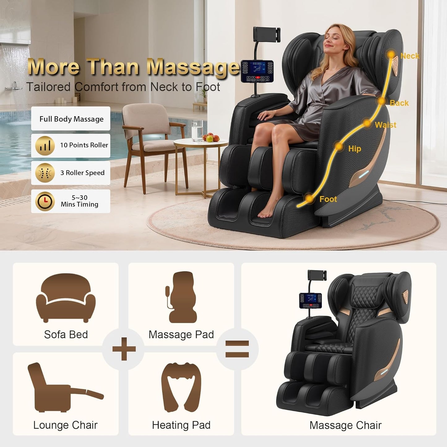 Full Body Massage Chair - Zero Gravity Recliner with 10-Point Roller, Heating & Airbags | Shiatsu Foot Roller for Ultimate Relaxation