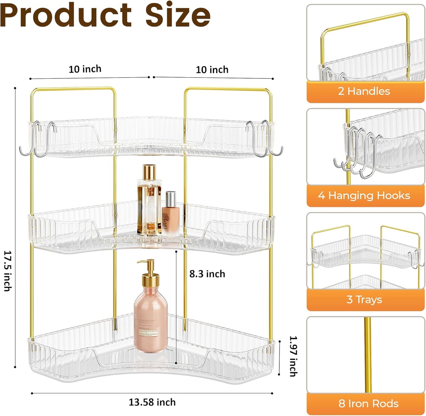 Corner Bathroom Counter Organizer - 3-Tier Storage Shelf with Hooks for Makeup & Skincare | Clear