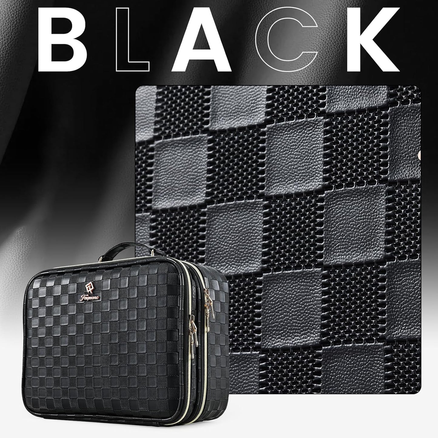 LED Lighted Makeup Bag - Double Layer Cosmetic Train Case with Adjustable Brightness | Black Checkerboard Design