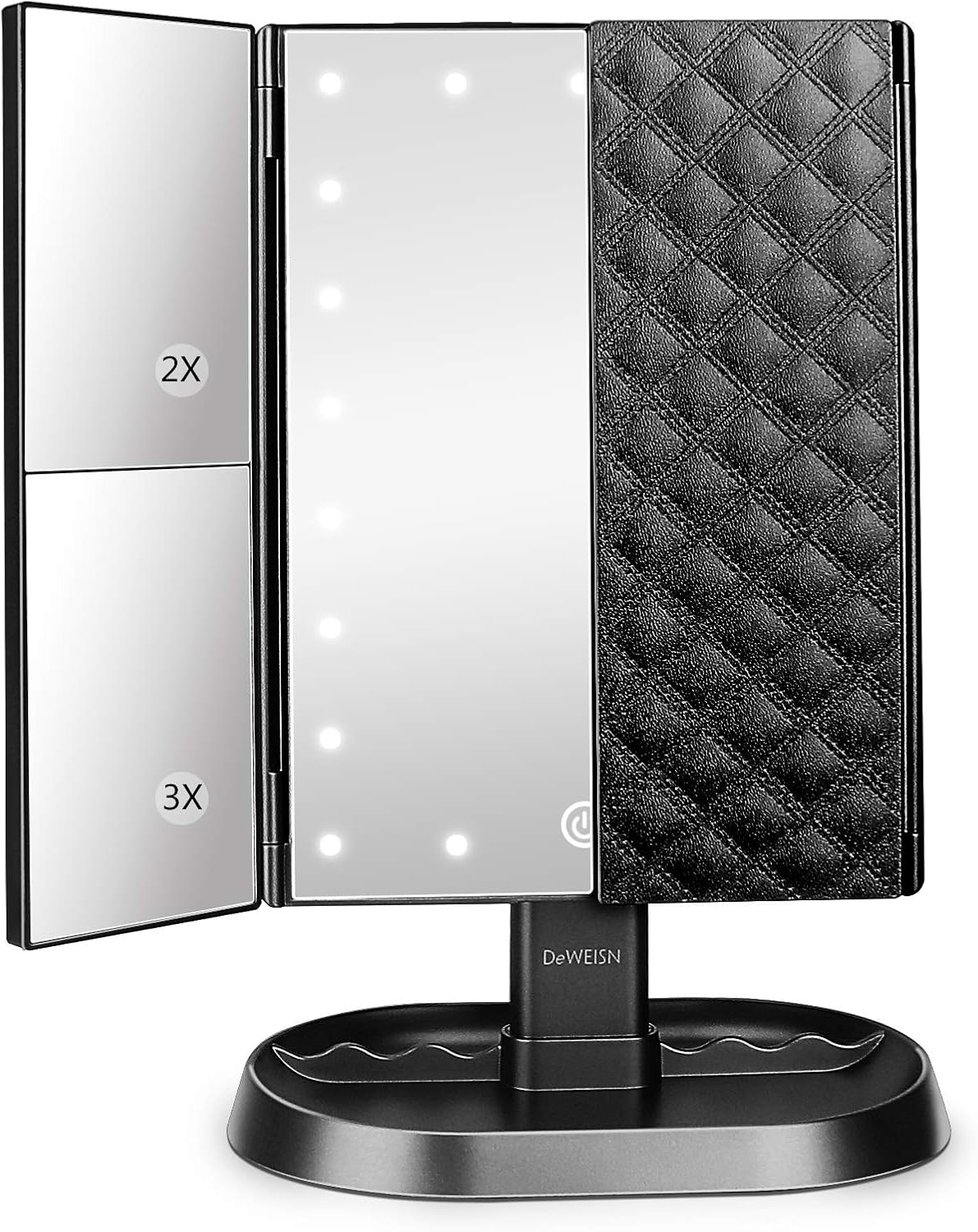 Trifold Lighted Vanity Makeup Mirror - 21 LED Lights, Touch Screen Dimming | 1x/2x/3x Magnification, Dual Power Supply