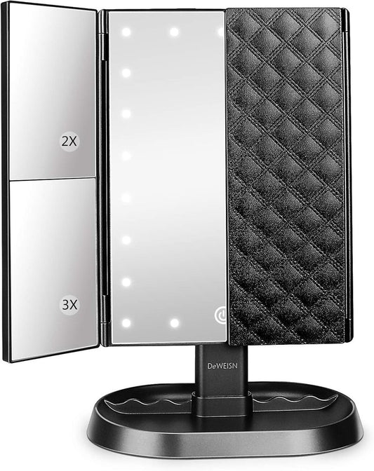 Trifold Lighted Vanity Makeup Mirror - 21 LED Lights, Touch Screen Dimming | 1x/2x/3x Magnification, Dual Power Supply