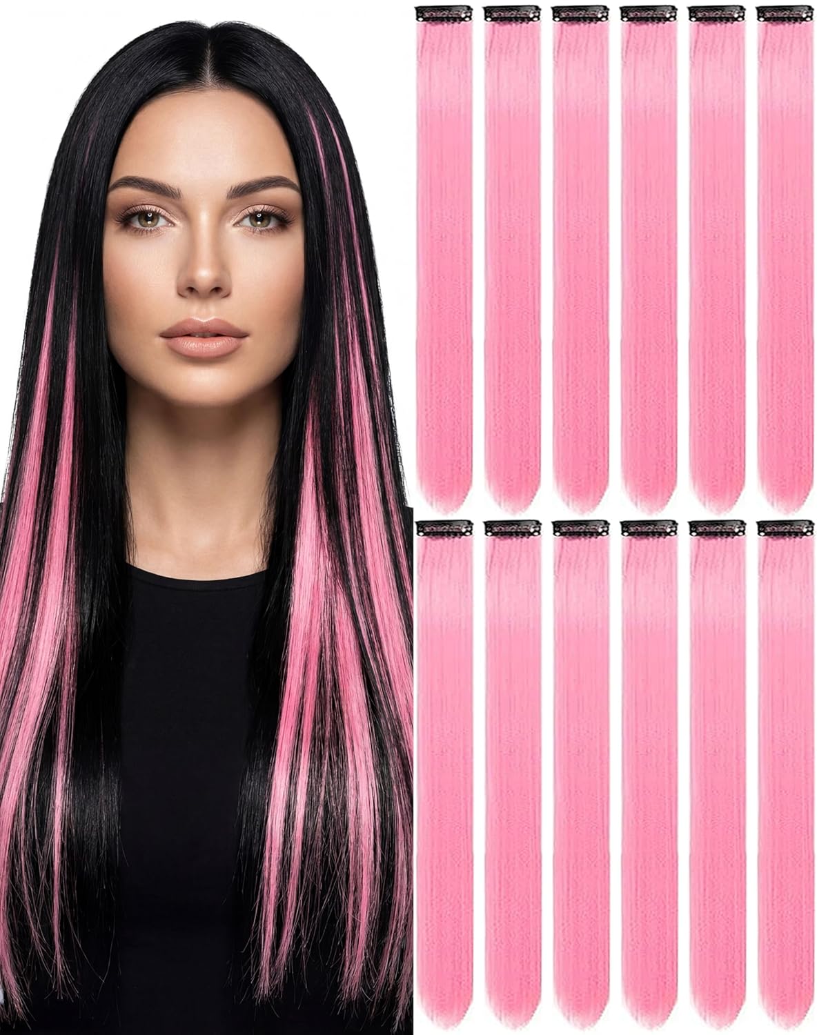 Clip-In Black Hair Extensions - 22 Inch Long Synthetic Hairpieces for Women | Party Highlights