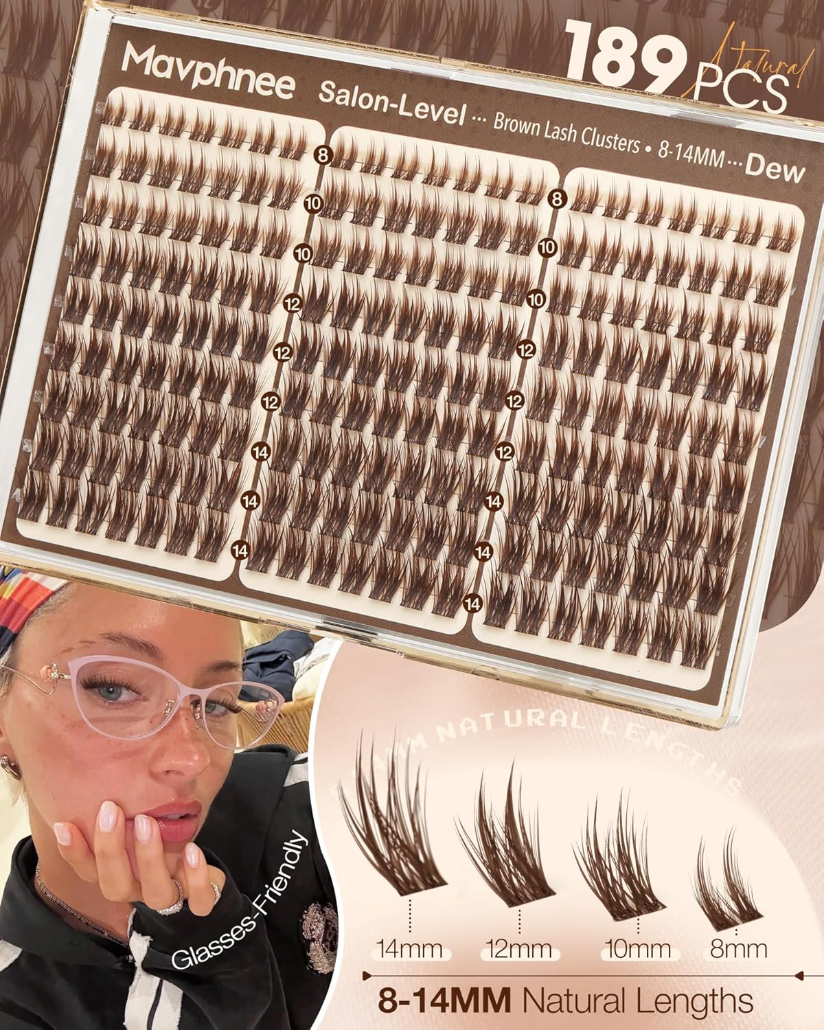 Brown Lash Clusters - Wispy Wet Set Eyelash Extensions 8-14MM | Doll-Like C Curve & Soft Brown Band, 189Pcs Individual Lashes