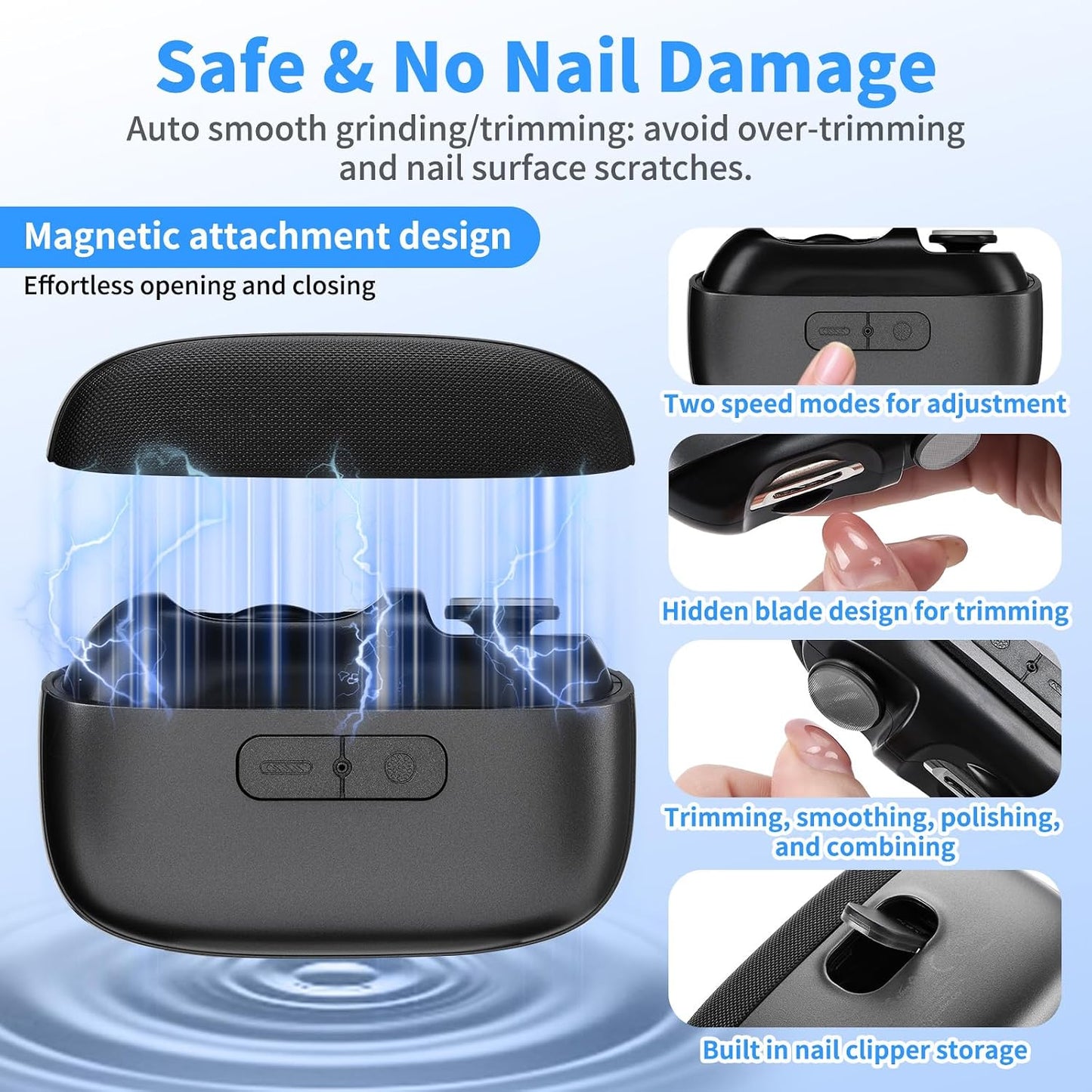 3-in-1 Electric Nail Clipper - Safe Auto Trimmer with LED & USB-C | Whisper-Quiet, Mess-Free Nail Care for Seniors & Kids (Black)
