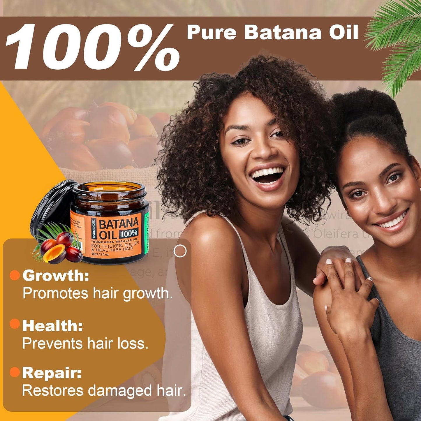 Batana Oil for Hair Growth - 100% Raw Organic Hair Mask | Promotes Thickness & Prevents Loss - 2 fl oz