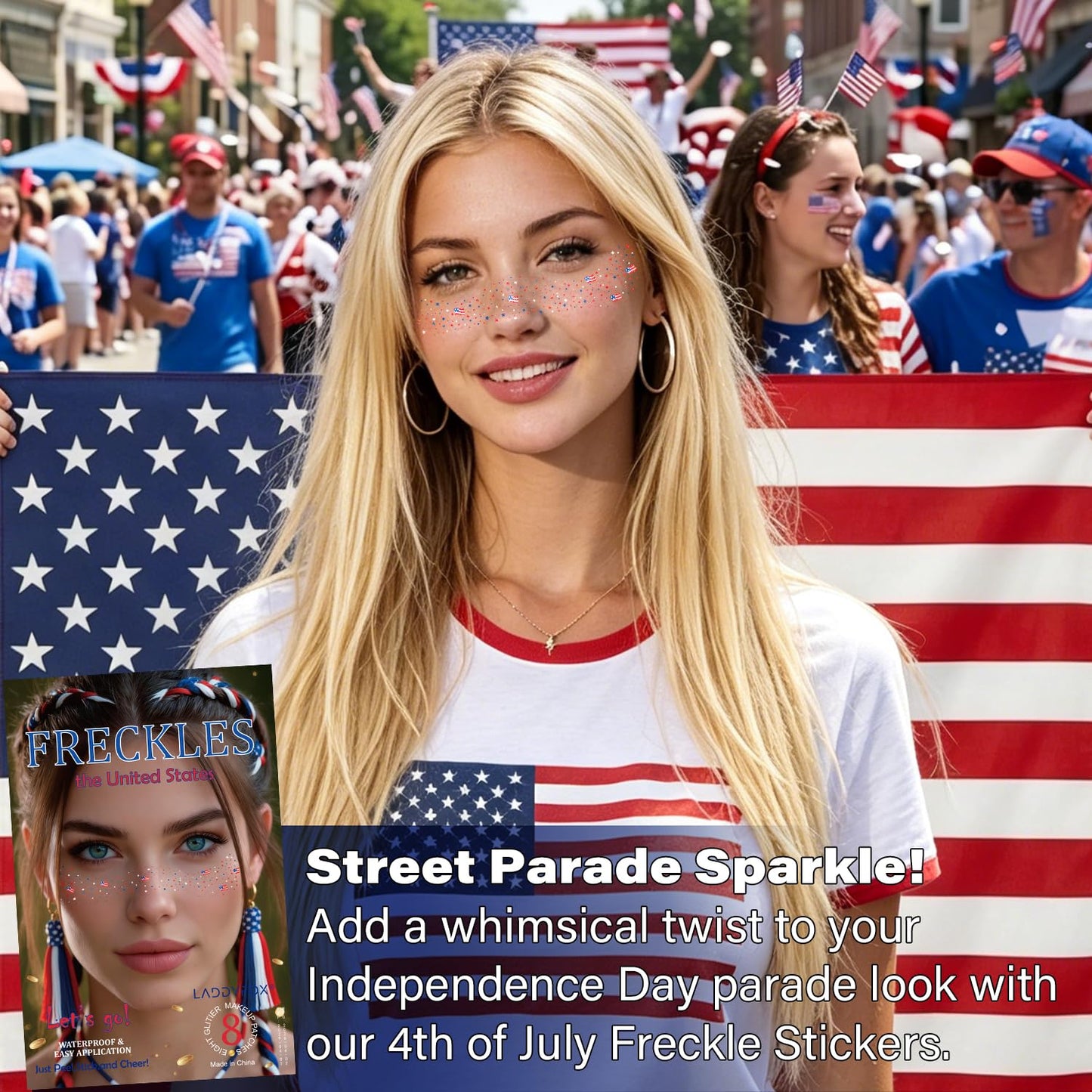 USA Flag Glitter Freckles - 8 Pcs Red, White & Blue Face Tattoos for 4th of July & Memorial Day