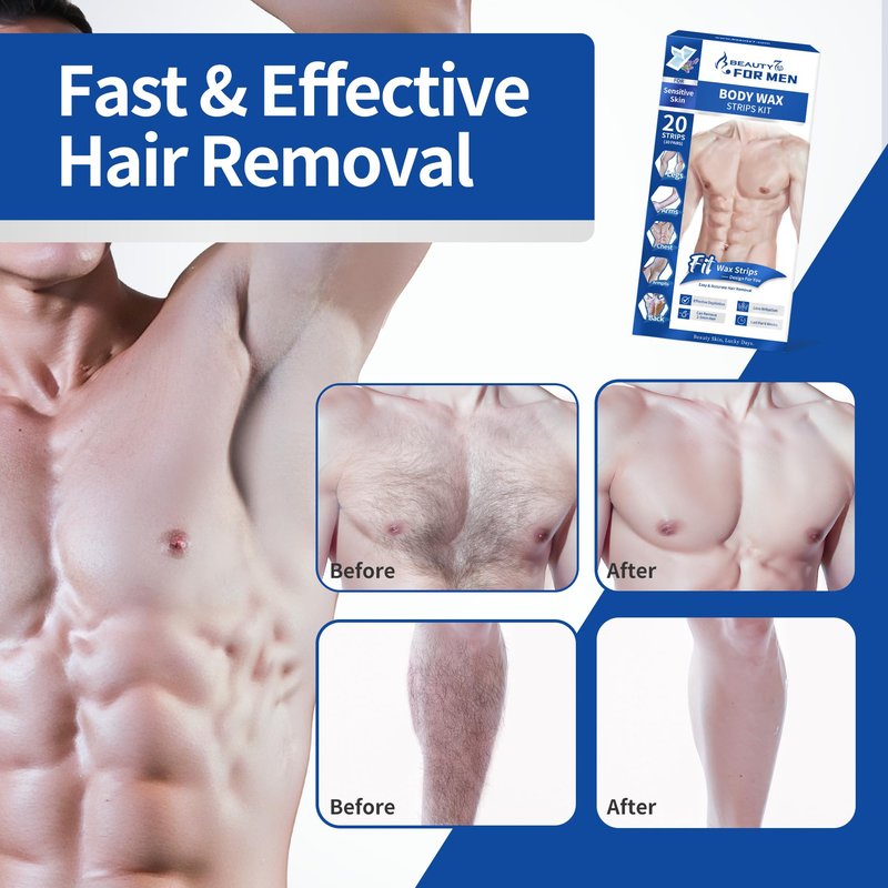 Beauty7 Men Wax Strips for Body, Ready to Use Waxing Strips, Facial Hair Removal Wax, Legs Arms Chest At Home Waxing, 20 Waxing Strip 4 Calming Oil Wipes
