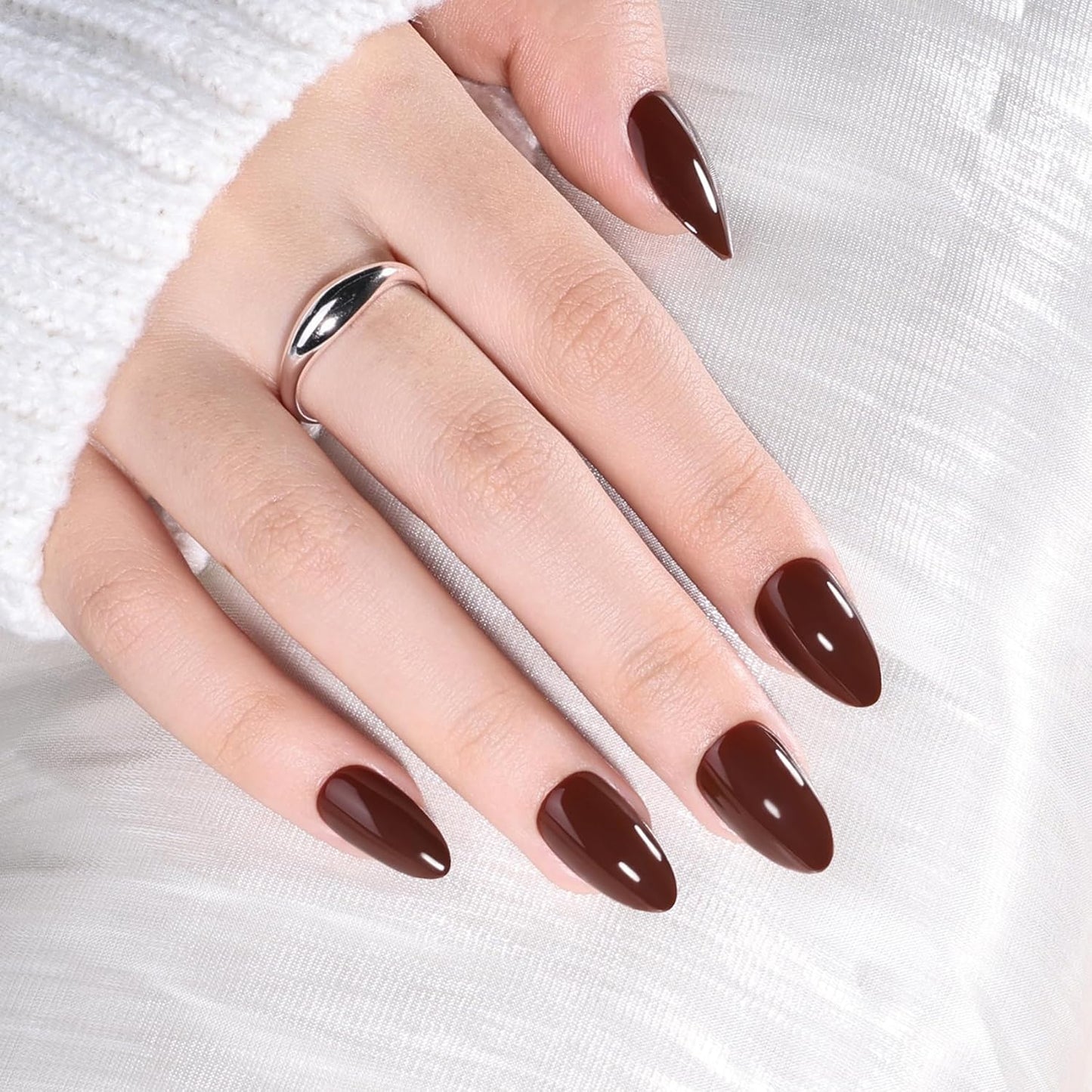 Cat Eye Press On Nails - Short Almond Fake Nails with Nail Glue | Reusable Brown Red 32-Piece Kit in 16 Sizes for Women & Girls