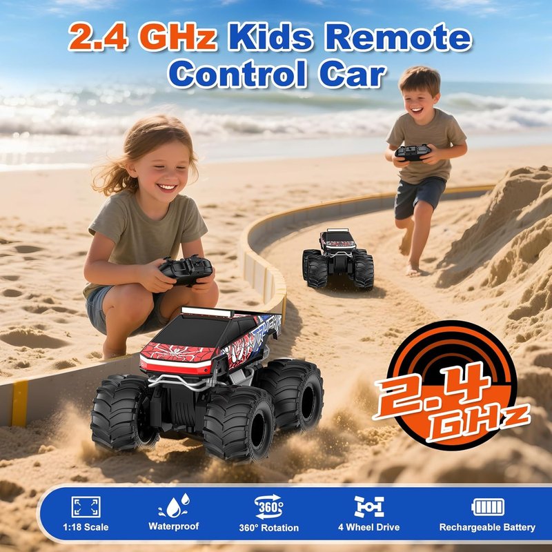 Amphibious Remote Control Car - 2.4 GHz Waterproof Monster Truck | 1:18 4WD Off-Road Pickup for Kids 6+