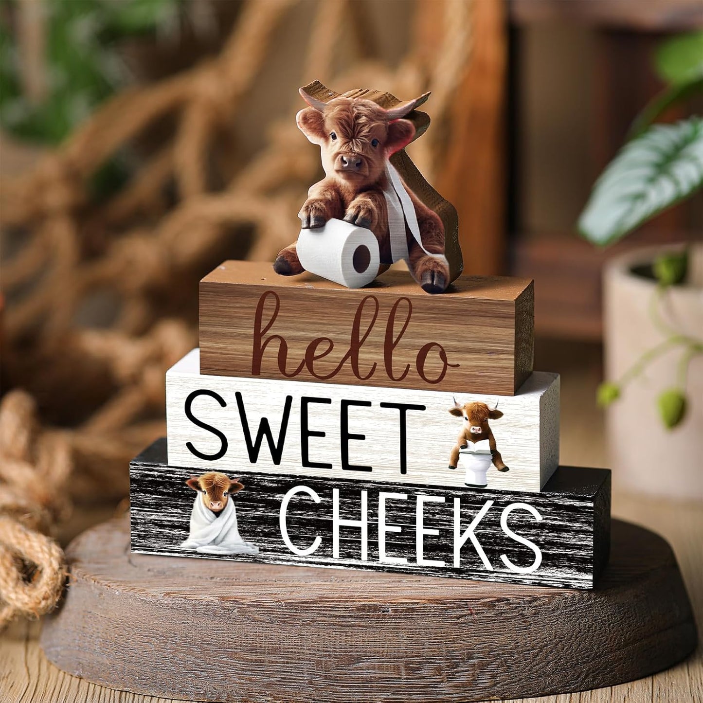 Highland Cow Bathroom Decor | 4 Pcs Farmhouse Style Table Centerpiece for Christmas & Valentine's Day