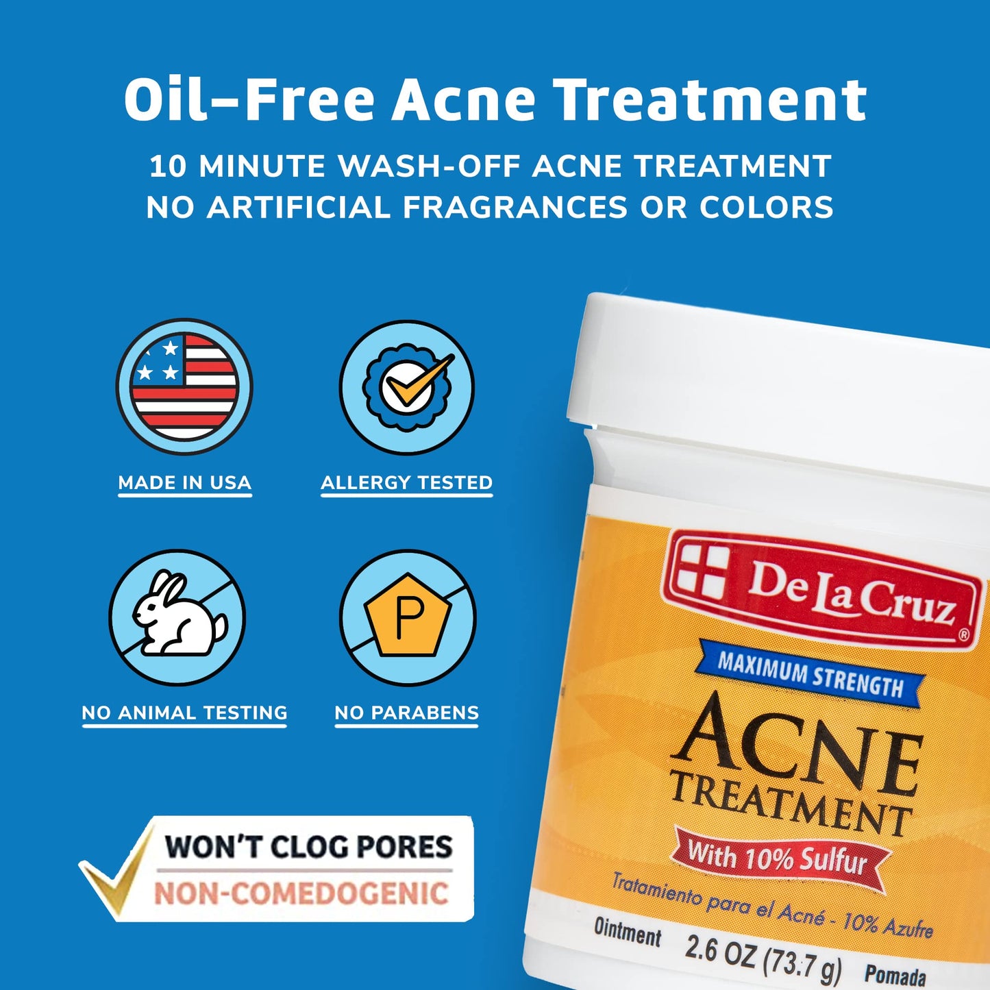 De La Cruz 10% Sulfur Ointment - Cystic Acne Treatment for Face and Body - Daily 10 Min Spot Treatment Mask - Safe and Effective Game Changing Hormonal Acne Treatment that Clears Up Pimples - 2.6 oz